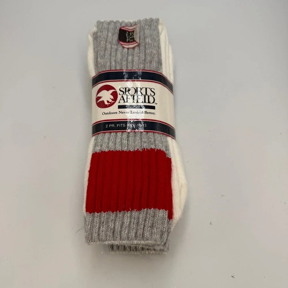 Vintage 80s Sports Afield 2 Pack Men Crew Socks Gray Red USA Made 10-13 New